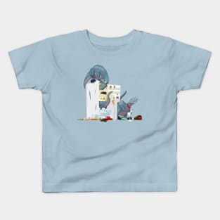 Trio of Pet Velociraptor Dinosaurs Raiding the Fridge Kids T-Shirt